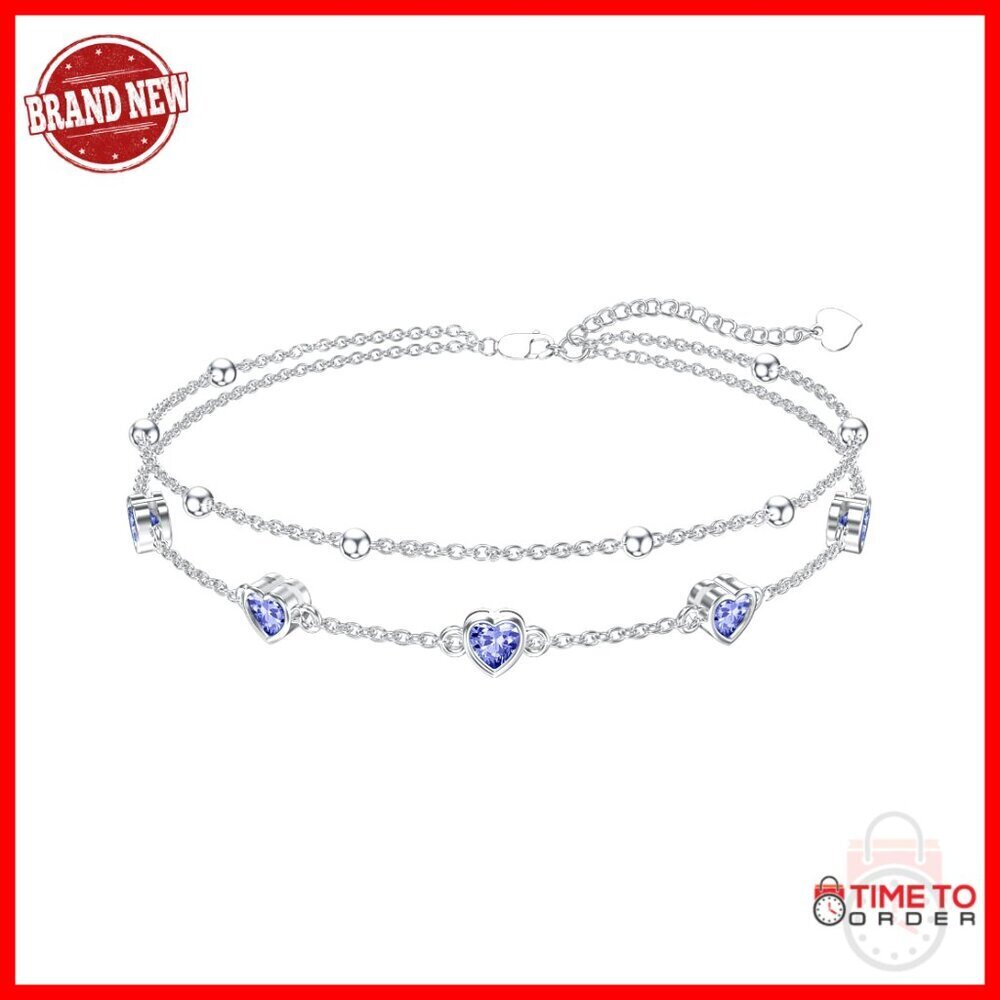 Sterling Silver Heart Birthstone Anklet Bracelet Adjustable 7+2 Inch